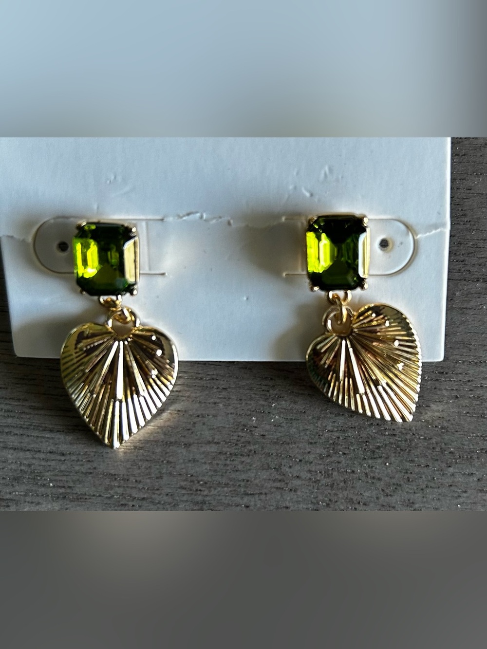 Lane Bryant Gold Heart Earrings with Olive Green Gem - Picture 2 of 6